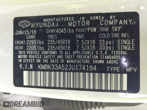 2018 Hyundai Kona Limited with VIN KM8K33A52JU174184, listed as a IAAI auction lot 41979223 with 76,306 mi miles. Bid and sale history available at carsss.com. Image 9.
