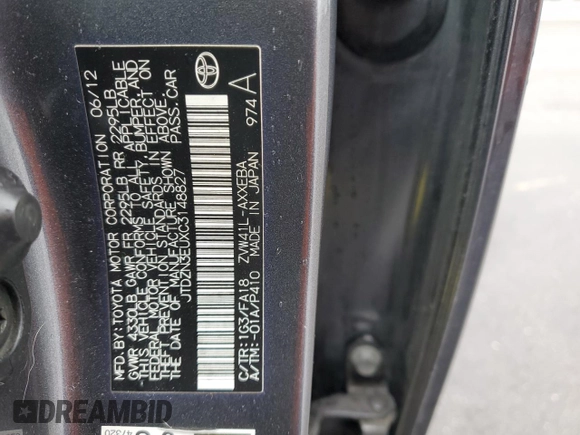 2012 Toyota Prius Two with VIN JTDZN3EUXC3148827, listed as a Copart auction lot 55311055 with 217,752 mi miles and Clean Title. Bid and sale history available at DreamBid. Image 13.