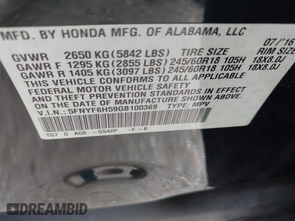 2016 Honda Pilot EX-L with VIN 5FNYF6H59GB100369, listed as a IAAI auction lot 42684252 with 146,609 mi miles and . Bid and sale history available at DreamBid. Image 9.