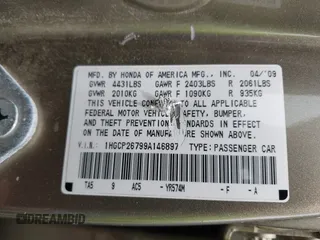 2009 Honda Accord EX with VIN 1HGCP26799A146897, listed as a IAAI auction lot 42307591 with 124,533 mi miles and . Bid and sale history available at DreamBid. Image 9.