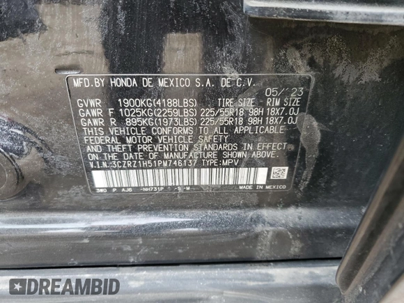 2023 Honda HR-V Sport with VIN 3CZRZ1H51PM746137, listed as a Copart auction lot 44308995 with 42,825 mi miles and Salvage Title. Bid and sale history available at carsss.com. Image 15.