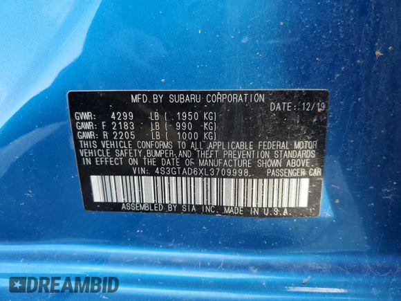2020 Subaru Impreza Premium with VIN 4S3GTAD6XL3709998, listed as a Copart auction lot 56347995 with 34,867 mi miles and Salvage title. Bid and sale history available at DreamBid. Image 13.