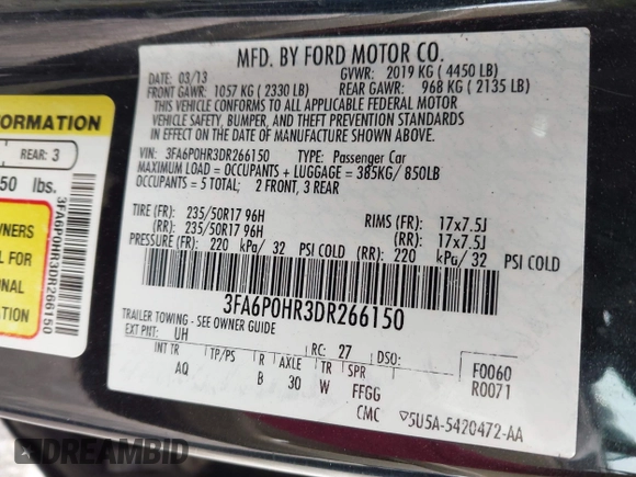 2013 Ford Fusion SE with VIN 3FA6P0HR3DR266150, listed as a IAAI auction lot 42341694 with 123,756 mi miles and . Bid and sale history available at DreamBid. Image 9.