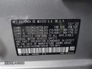 2024 Honda HR-V LX with VIN 3CZRZ1H3XRM736546, listed as a IAAI auction lot 41761550 with 12,043 mi miles. Bid and sale history available at carsss.com. Image 9.