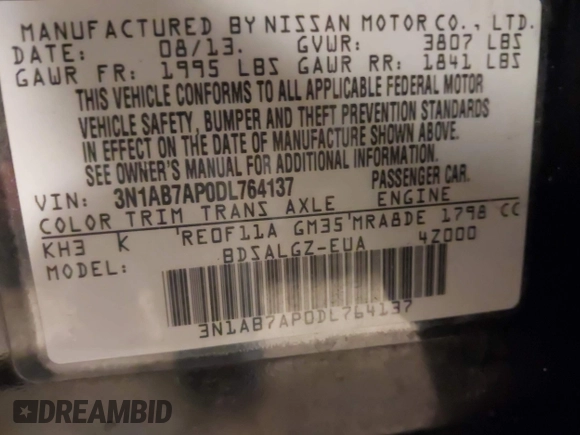 2013 Nissan Sentra FE+ S with VIN 3N1AB7AP0DL764137, listed as a IAAI auction lot 42086350 with 124,052 mi miles and . Bid and sale history available at DreamBid. Image 9.