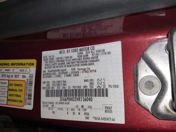 2017 Ford Fusion SE with VIN 3FA6P0HD2HR156040, listed as a IAAI auction lot 41718093 with 48,118 mi miles. Bid and sale history available at carsss.com. Image 9.