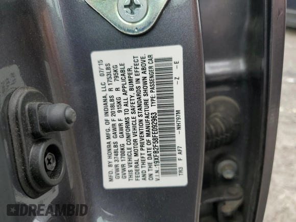 2015 Honda Civic Sedan LX with VIN 19XFB2F58FE092963, listed as a Copart auction lot 53716395 with 65,734 mi miles and Salvage Title. Bid and sale history available at carsss.com. Image 13.