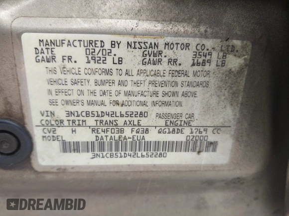 2002 Nissan Sentra GXE z VIN 3N1CB51D42L652280, wystawiony jako IAAI lot #41983766 z przebiegiem 184 787 mil mil oraz . Historia ofert i sprzedaży dostępna na DreamBid. Obrazek 9.