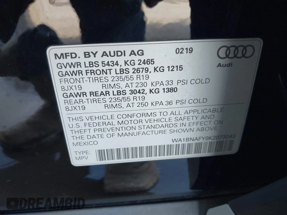2019 Audi Q5 Premium Plus with VIN WA1BNAFY9K2073043, listed as a IAAI auction lot 41580814 with 45,225 mi miles. Bid and sale history available at carsss.com. Image 9.