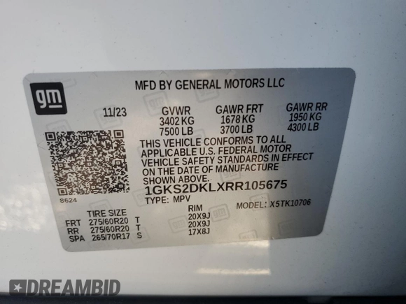 2024 GMC Yukon Denali with VIN 1GKS2DKLXRR105675, listed as a Copart auction lot 85982434 with 14,991 mi miles and Salvage Title. Bid and sale history available at carsss.com. Image 14.