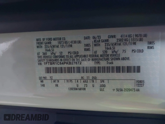 2023 Ford Transit Cargo with VIN 1FTBR1C84PKB27872, listed as a IAAI auction lot 41025498 with 6,710 mi miles and . Bid and sale history available at DreamBid. Image 8.