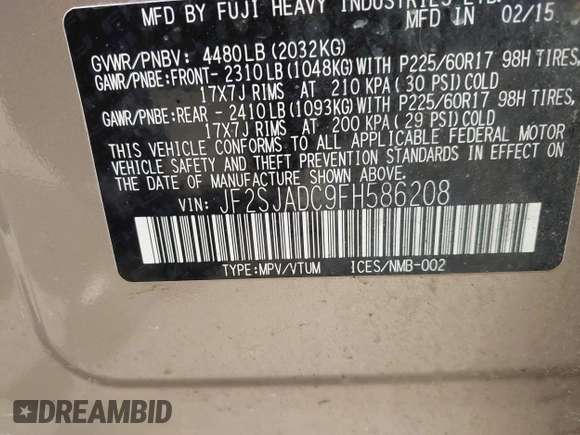2015 Subaru Forester 2.5i Premium with VIN JF2SJADC9FH586208, listed as a IAAI auction lot 41929248 with 55,540 mi miles. Bid and sale history available at carsss.com. Image 9.