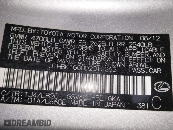 2013 Lexus ES 250 with VIN JTHBK1GG0D2012265, listed as a IAAI auction lot 41371575 with 137,880 mi miles and . Bid and sale history available at DreamBid. Image 9.