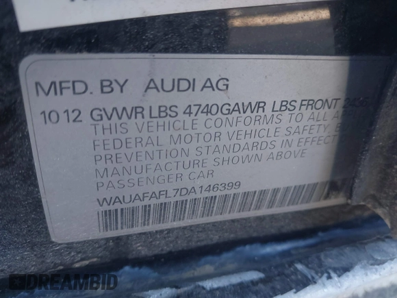 2013 Audi A4 Premium with VIN WAUAFAFL7DA146399, listed as a IAAI auction lot 41233368 with 120,034 mi miles. Bid and sale history available at carsss.com. Image 9.