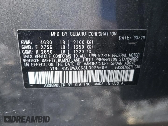 2020 Subaru Legacy Special Sports with VIN 4S3BWAG68L3025609, listed as a Copart auction lot 88332635 with 46,589 mi miles and Salvage Title. Bid and sale history available at carsss.com. Image 12.