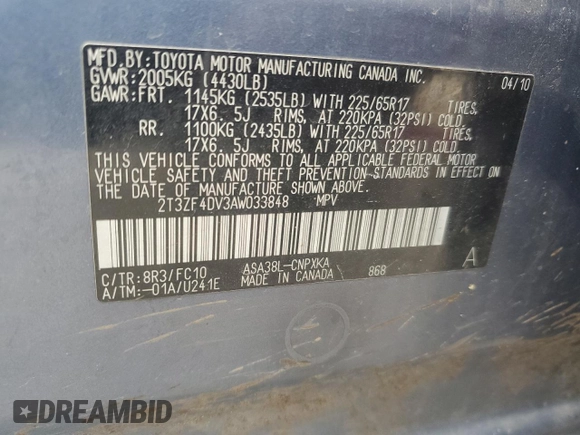 2010 Toyota RAV4 with VIN 2T3ZF4DV3AW033848, listed as a Copart auction lot 54786275 with 113,331 mi miles and Salvage title. Bid and sale history available at DreamBid. Image 13.