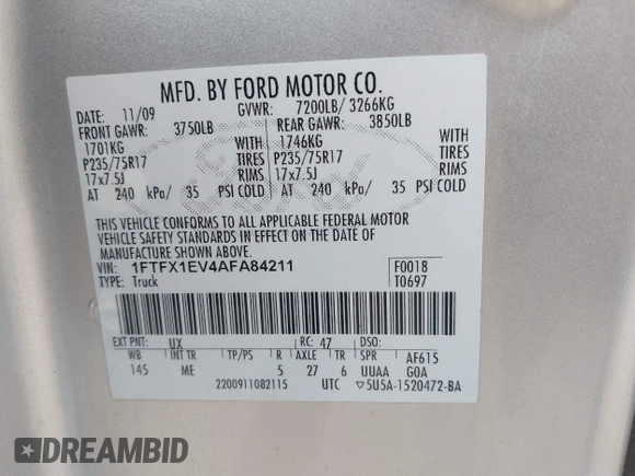 2010 Ford F-150 XL with VIN 1FTFX1EV4AFA84211, listed as a IAAI auction lot 42417882 with 85,643 mi miles and . Bid and sale history available at DreamBid. Image 9.
