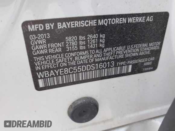 2013 BMW 7 Series 750Li with VIN WBAYE8C55DDS16013, listed as a IAAI auction lot 42709519 with 123,405 mi miles and . Bid and sale history available at DreamBid. Image 9.