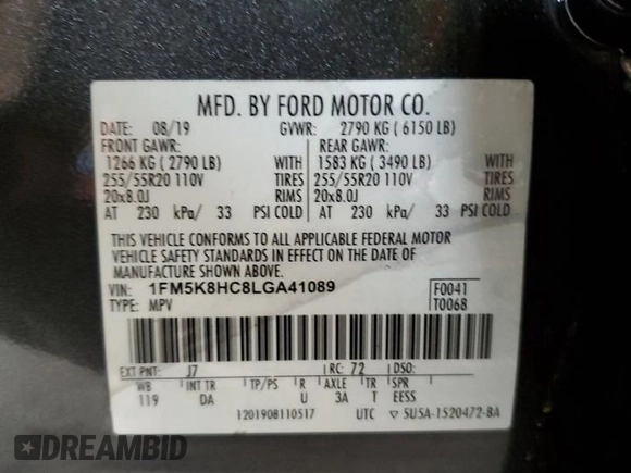 2020 Ford Explorer Platinum with VIN 1FM5K8HC8LGA41089, listed as a Copart auction lot 45485495 with 45,237 mi miles and Salvage Title. Bid and sale history available at carsss.com. Image 15.