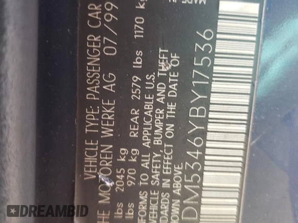 2000 BMW 5 Series with VIN WBADM5346YBY17536, listed as a Copart auction lot 53783665 with Not provided miles and Salvage title. Bid and sale history available at DreamBid. Image 12.