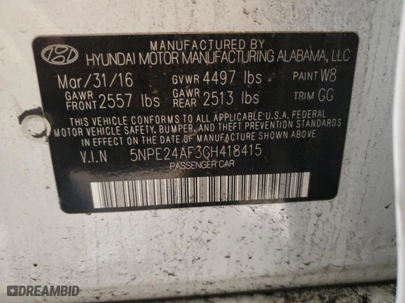 2016 Hyundai Sonata 2.4L SE with VIN 5NPE24AF3GH418415, listed as a Copart auction lot 42163105 with 274,676 mi miles and Clean Title. Bid and sale history available at carsss.com. Image 12.