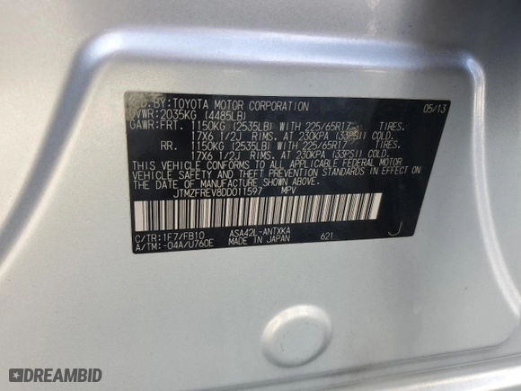 2013 Toyota RAV4 LE with VIN JTMZFREV8DD011597, listed as a Copart auction lot 52416595 with 190,425 mi miles and Salvage Title. Bid and sale history available at carsss.com. Image 15.