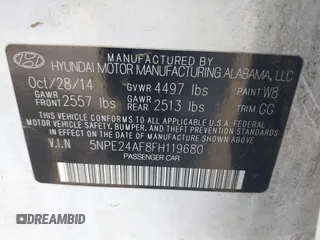 2015 Hyundai Sonata SE with VIN 5NPE24AF8FH119680, listed as a IAAI auction lot 42027807 with 223,193 mi miles and . Bid and sale history available at DreamBid. Image 9.