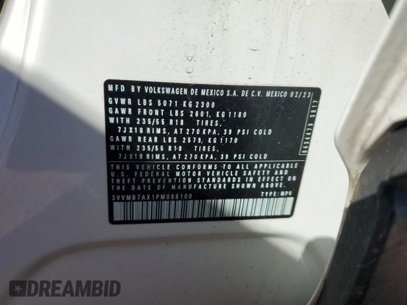 2023 Volkswagen Tiguan SE с VIN 3VVMB7AX1PM068106, выставлен на аукционе Copart как лот 50555445 с пробегом 24 948 миль миль и Списание • Salvage title. История ставок и продаж доступна на DreamBid. Изображение 13.