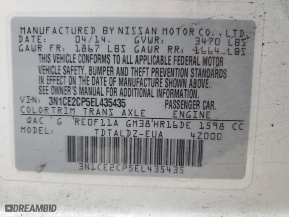 2014 Nissan Versa Note SV with VIN 3N1CE2CP5EL435435, listed as a Copart auction lot 43031415 with 0 mi miles and Salvage Title. Bid and sale history available at carsss.com. Image 13.
