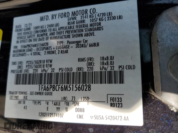 2021 Ford Mustang GT with VIN 1FA6P8CF6M5156028, listed as a Copart auction lot 59390225 with 34,824 mi miles and Non repairable. Bid and sale history available at DreamBid. Image 12.