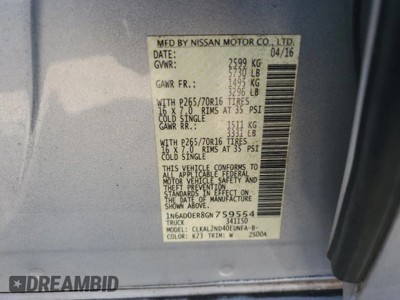 2016 Nissan Frontier S with VIN 1N6AD0ER8GN759554, listed as a Copart auction lot 50703285 with 27,845 mi miles and Salvage title. Bid and sale history available at DreamBid. Image 12.