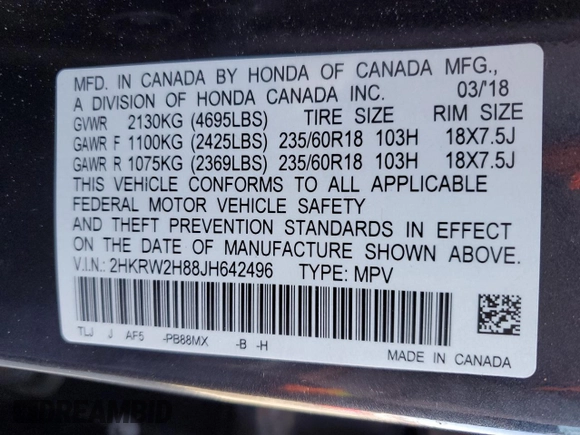 2018 Honda CR-V EX-L with VIN 2HKRW2H88JH642496, listed as a Copart auction lot 52373145 with 92,631 mi miles and Salvage Title. Bid and sale history available at carsss.com. Image 13.
