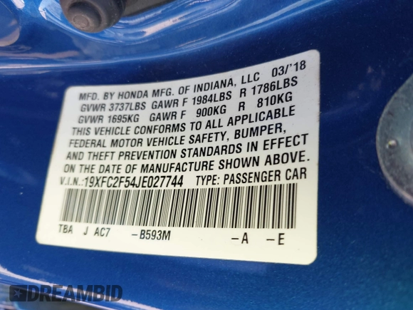 2018 Honda Civic LX with VIN 19XFC2F54JE027744, listed as a IAAI auction lot 42038398 with 119,250 mi miles and . Bid and sale history available at DreamBid. Image 9.