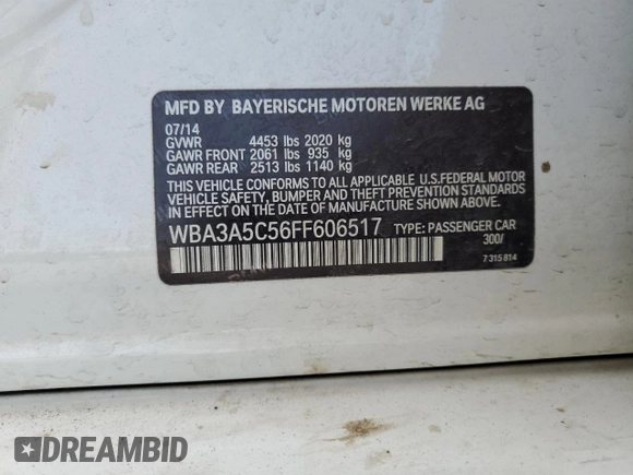 2015 BMW 3 Series 328i with VIN WBA3A5C56FF606517, listed as a Copart auction lot 59388115 with 185,684 mi miles and Salvage title. Bid and sale history available at DreamBid. Image 13.