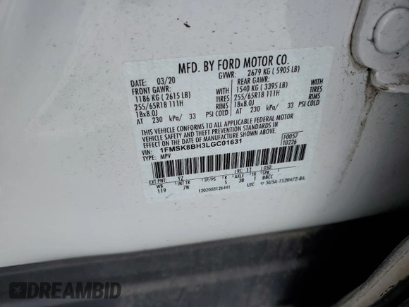 2020 Ford Explorer with VIN 1FMSK8BH3LGC01631, listed as a Copart auction lot 54668005 with 22,047 mi miles and Salvage title. Bid and sale history available at DreamBid. Image 13.