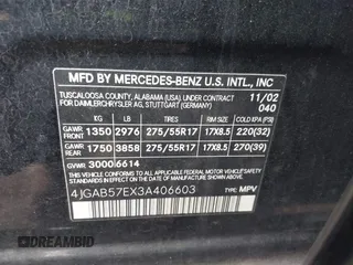 2003 Mercedes-Benz M 350 with VIN 4JGAB57EX3A406603, listed as a IAAI auction lot 42117106 with 108,087 mi miles and . Bid and sale history available at DreamBid. Image 9.