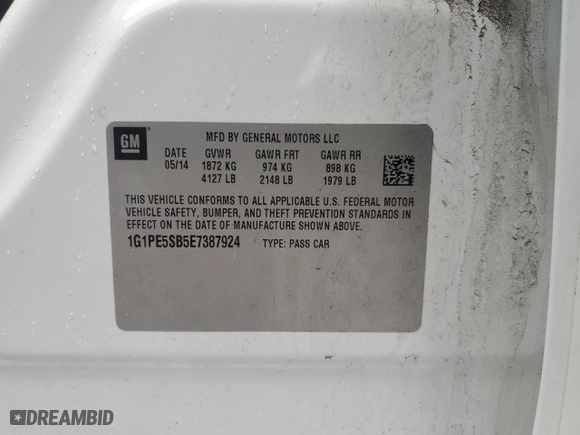 2014 Chevrolet Cruze 2LT with VIN 1G1PE5SB5E7387924, listed as a Copart auction lot 52079825 with 86,766 mi miles and Salvage Title. Bid and sale history available at carsss.com. Image 13.