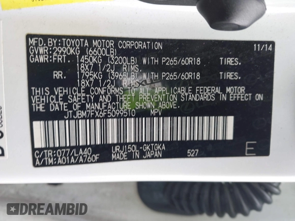 2015 Lexus GX 460 z VIN JTJBM7FX6F5099510, wystawiony jako IAAI lot #40794375 z przebiegiem 172 906 mil mil oraz . Historia ofert i sprzedaży dostępna na DreamBid. Obrazek 9.