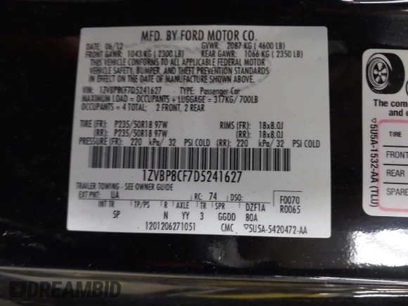 2013 Ford Mustang GT with VIN 1ZVBP8CF7D5241627, listed as a IAAI auction lot 42485858 with 107,547 mi miles and . Bid and sale history available at DreamBid. Image 9.