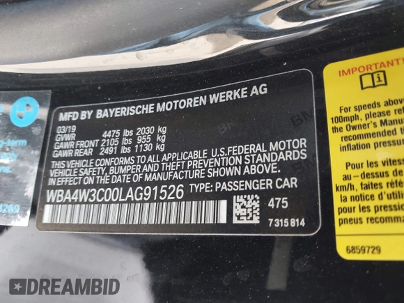 2020 BMW 4 Series 430i with VIN WBA4W3C00LAG91526, listed as a IAAI auction lot 41283679 with 46,597 mi miles. Bid and sale history available at carsss.com. Image 9.