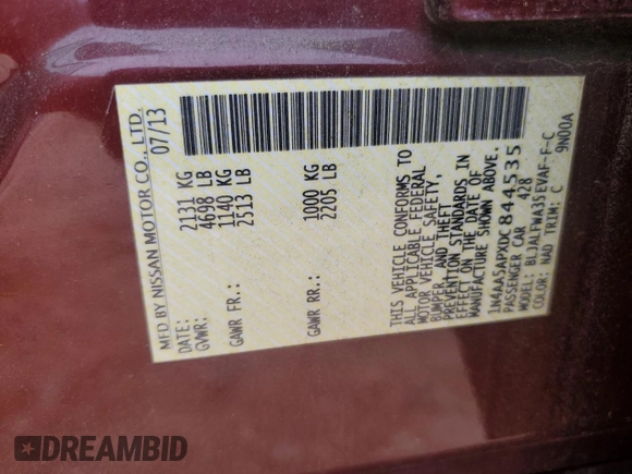 2013 Nissan Maxima SV with VIN 1N4AA5APXDC844535, listed as a Copart auction lot 59516355 with 215,897 mi miles and Salvage title. Bid and sale history available at DreamBid. Image 12.