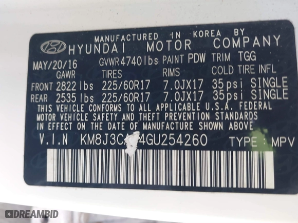 2016 Hyundai Tucson SE with VIN KM8J3CA44GU254260, listed as a IAAI auction lot 41328567 with 124,554 mi miles. Bid and sale history available at carsss.com. Image 9.