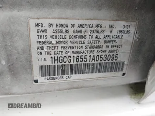 2001 Honda Accord EX z VIN 1HGCG16551A053095, wystawiony jako IAAI lot #41892751 z przebiegiem Nie podano mil oraz . Historia ofert i sprzedaży dostępna na DreamBid. Obrazek 9.