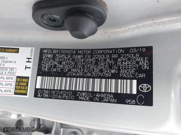 2019 Toyota Prius L Eco with VIN JTDKARFU4K3079789, listed as a IAAI auction lot 41897586 with 93,593 mi miles. Bid and sale history available at carsss.com. Image 9.