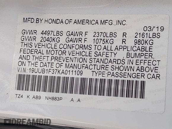 2019 Acura TLX with VIN 19UUB1F37KA011109, listed as a IAAI auction lot 41567180 with 86,818 mi miles. Bid and sale history available at carsss.com. Image 9.