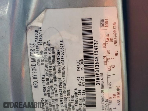 2004 Ford Focus ZX3 with VIN 3FAFP31364R124737, listed as a Copart auction lot 46147595 with 177,619 mi miles and Salvage Title. Bid and sale history available at carsss.com. Image 13.