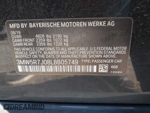 2020 BMW 3 Series 330i xDrive with VIN 3MW5R7J08L8B05749, listed as a IAAI auction lot 42090208 with 94,913 mi miles and . Bid and sale history available at DreamBid. Image 9.