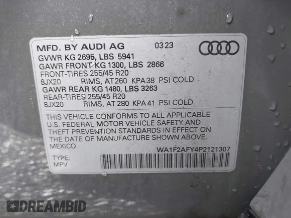 2023 Audi Q5 S line Prestige with VIN WA1F2AFY4P2121307, listed as a IAAI auction lot 41579550 with 13,869 mi miles. Bid and sale history available at carsss.com. Image 9.
