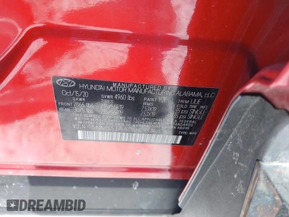 2020 Hyundai Santa Fe Limited with VIN 5NMS53AA0LH293308, listed as a IAAI auction lot 41608440 with 56,011 mi miles and . Bid and sale history available at DreamBid. Image 9.