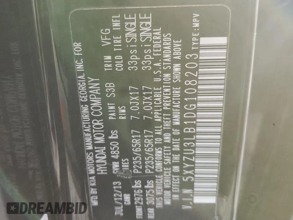2013 Hyundai Santa Fe Sport z VIN 5XYZU3LB1DG108203, wystawiony jako Copart lot #82144674 z przebiegiem 133 217 mil mil oraz Szkoda całkowita • Salvage title. Historia ofert i sprzedaży dostępna na DreamBid. Obrazek 14.